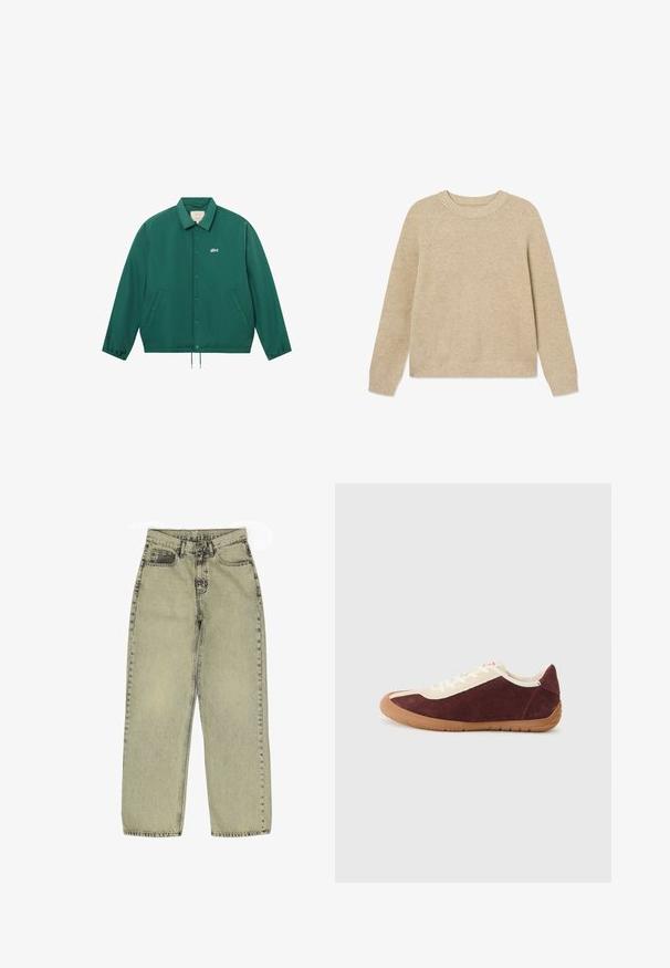 Vihreä napillinen takki kauluksella, joustavilla hihoilla, kahdella sivutaskulla ja pienellä valkoisella logolla vasemmassa rinnassa.; Beige ribbattu neule, jossa on pyöreä pääntie ja raglan-hihat. Pehmeä rakenne ja rento malli, jossa on suora helma.; Vaaleanvihreät korkeavyötäröiset suorat farkut, jotka on valmistettu denimmateriaalista. Farkuissa on klassinen viiden taskun muotoilu ja kontrastiväriset tikkaukset saumoissa.; Tummanpunainen mokkanahka lenkkari beige yksityiskohdilla, nauhakiinnitys edessä, kumipohja ja pyöreä kärki. Ominaisuuksiin kuuluu minimalistinen muotoilu ja teksturoitu pinta.