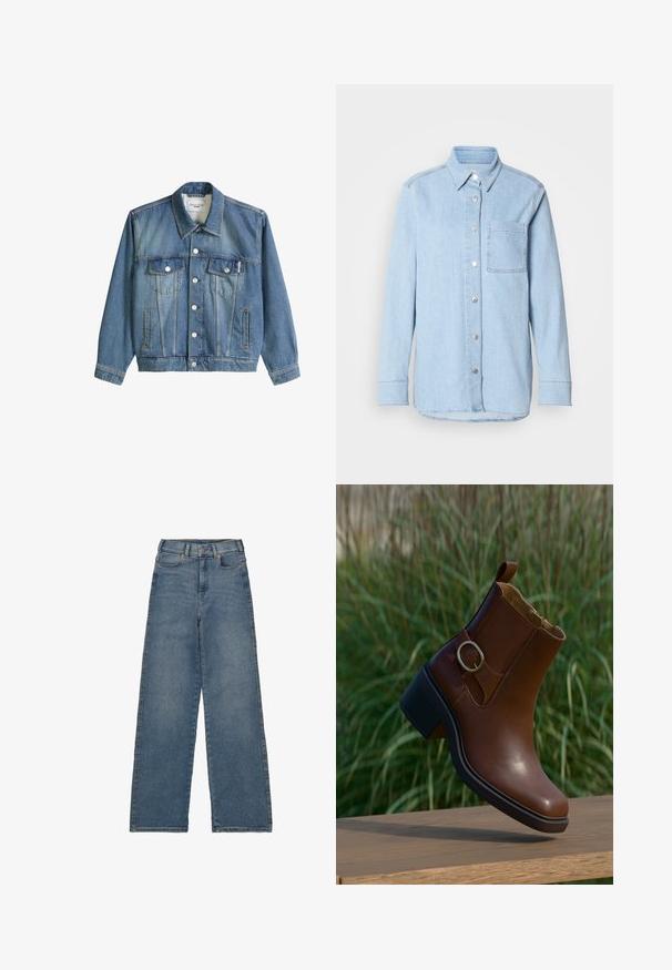 Blauwe spijkerjas met kraag, knoopsluiting, twee borstzakken met kleppen en twee zijzakken, gelabeld Marc O'Polo Denim.; Lichtblauwe denim shirt met een knoopsluiting aan de voorkant, puntige kraag, één borstzak en lange mouwen met knoopmanchetten.; Hoge taille, wijde spijkerbroeken in mediumblauwe denim. Voorzien van vijf zakken, een voorknopsluiting en contrasterende stiksels.; Bruine leren enkellaars met een gespsluiting en lage blokhak, rustend op een houten oppervlak met een groene grasachtergrond.