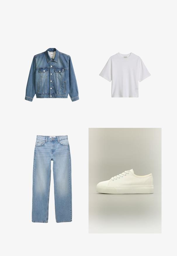 Blauwe spijkerjas met kraag, knoopsluiting, twee borstzakken met kleppen en twee zijzakken, gelabeld Marc O'Polo Denim.; Wit katoenen T-shirt met korte mouwen en een ronde hals, losse pasvorm, effen voorkant met zichtbare kraaglabel tegen een effen achtergrond.; Lichtblauwe denim jeans met een recht model, vijf zakken en zichtbare stiksels. De stof heeft een zachte, iets vervaagde textuur.; Witte lage canvas sneaker met veters aan de voorkant en dikke, getextureerde rubberen zool op een neutrale achtergrond.