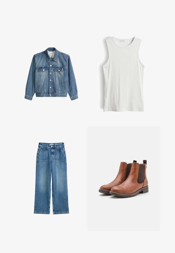 Blaue Jeansjacke mit Kragen, Knopfverschluss, zwei aufgesetzten Brusttaschen mit Klappen und zwei Seitentaschen, mit dem Etikett Marc O'Polo Denim.; Weißes ärmelloses, geripptes Tanktop mit Rundhalsausschnitt, Größe 36, mit vertikalen strukturierten Streifen in der Mitte.; Hochtaillierte, weit geschnittene blaue Jeans aus Denim mit aufgesetzten Vordertaschen, Gürtelschlaufen und einem Frontknopf sowie Reißverschluss.; Braune Leder-Stiefeletten mit elastischen Seitenpaneelen, runder Zehenpartie und niedrigem Holzabsatz. Mit einer Schlaufe für einfaches Anziehen.