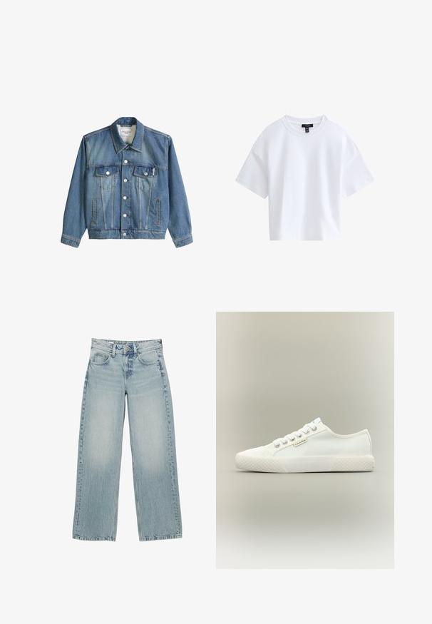 Blaue Jeansjacke mit Kragen, Knopfverschluss, zwei aufgesetzten Brusttaschen mit Klappen und zwei Seitentaschen, mit dem Etikett Marc O'Polo Denim.; Schlichtes weißes kurzärmeliges Cropped-T-Shirt mit rundem Ausschnitt und schwarzem Markenlabel innen im Kragen.; Helle, blaue Denim-Hosen mit weitem Bein und hoher Taille, ausgestattet mit fünf Taschen, einem Knopfverschluss und dezentem Ausbleichen für einen getragenen Effekt.; Weißer Low-Top Canvas-Sneaker mit strukturierter Gummisohle, weißen Schnürsenkeln und kleinem Calvin Klein-Label an der Seite.