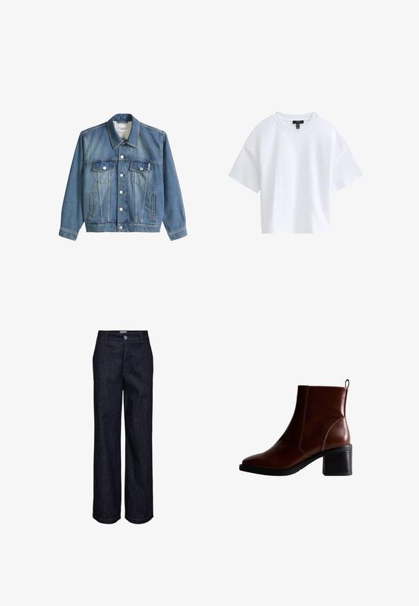 Blauwe spijkerjas met kraag, knoopsluiting, twee borstzakken met kleppen en twee zijzakken, gelabeld Marc O'Polo Denim.; Effen witte cropped T-shirt met korte mouwen, een ronde hals en een zwart merkembleem aan de binnenkant van de kraag.; Donkerblauwe rechte spijkerbroek met knoop- en ritssluiting, riemlussen en zichtbare stiksel details.; Bruin lederen enkellaars met een vierkante neus en zijnaad, een gestapelde hak van 7,5 cm en een lus aan de achterkant voor gemakkelijk aan- en uittrekken.