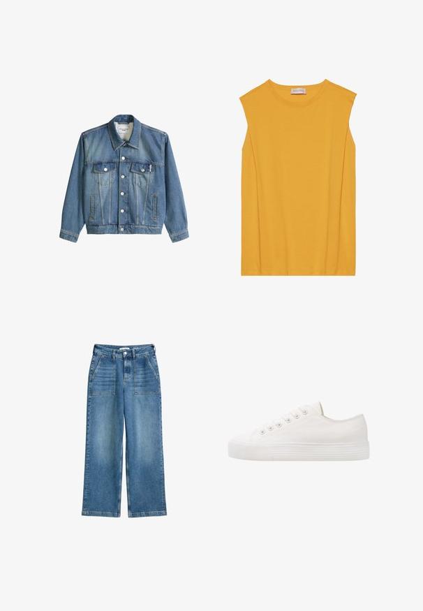 Blauwe spijkerjas met kraag, knoopsluiting, twee borstzakken met kleppen en twee zijzakken, gelabeld Marc O'Polo Denim.; Geel mouwloos topje van zachte katoen, met een ronde halslijn en rechte snit, en subtiele stiksels langs de randen.; Hoge taille wijde spijkerbroek in blauw denim, met voorzakken, riemlussen en een sluiting met knoop en rits aan de voorkant.; Witte canvas sneaker met ronde neus, zes oogjes voor veters, structuur rubberen zool en subtiele stikdetails langs de zijkanten.