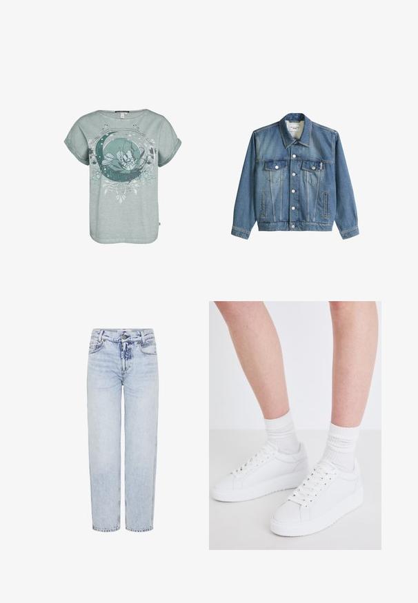 Blaue Jeansjacke mit Kragen, Knopfverschluss, zwei aufgesetzten Brusttaschen mit Klappen und zwei Seitentaschen, mit dem Etikett Marc O'Polo Denim.; Kurzärmliges, hellblaues T-Shirt mit floralem Design und einem Halbmond-Grafik. Weiche Textur mit entspannter Passform und umgeschlagenen Ärmeln.; Helleblaue, hoch taillierte Jeans aus Denim; gerade geschnitten mit vorderen Taschen, einem Knopfverschluss und minimalen Ausbleichungsmustern.; Copenhagen Studios CPH72 - Sneaker low - white