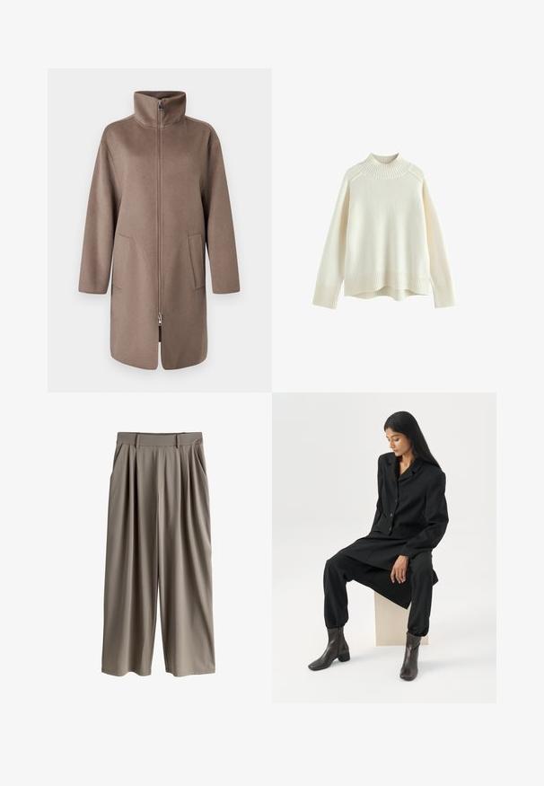 Brauner Fleece-Mantel mit hohem Kragen, Frontreißverschluss und zwei Seitentaschen. Verfügt über eine lockere Passform und ein mittellanges Design.; Cremfarbener Pullover mit einem gerippten Stehkragen, langen Ärmeln und lockerer Passform. Strukturiertes Strickmaterial und gerippte Saumdetails am unteren Rand.; Beige Hosen mit weitem Bein, Falten, Gürtelschlaufen und Seitentaschen, für eine lockere Passform entworfen.; Frau mit langen dunklen Haaren sitzt, trägt einen lockeren schwarzen Blazer, passende weite Hosen und dunkle Stiefeletten vor einem schlichten weißen Hintergrund.