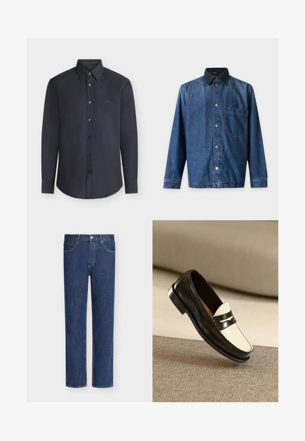 Veste en jean bleue à manches longues pour homme avec col noir, fermeture boutonnée devant et une poche poitrine unique côté gauche.; Chemise noire à manches longues boutonnée avec col, avec le logo « BOSS » sur la poitrine, présentée sur un fond clair uni.; Jean en denim bleu à jambes droites avec fermeture par bouton et zip, poches avant et passants de ceinture sur fond blanc.; Mocassin en cuir noir avec un empeigne crème et des rayures noires, présentant un petit talon et des coutures détaillées le long des bords.