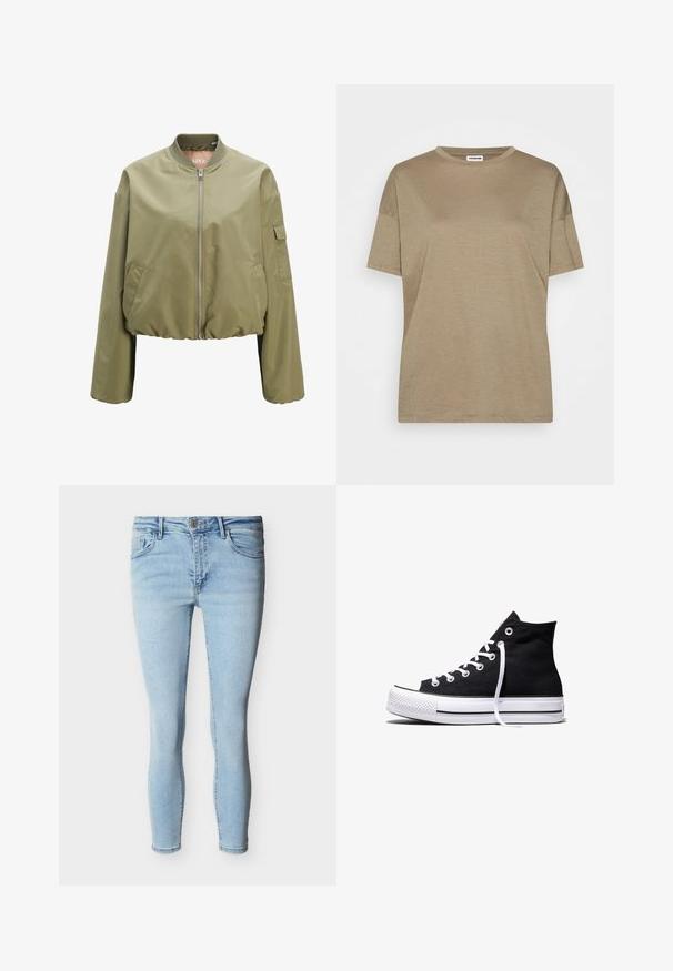 Lys olivengrøn bomberjakke med fuld lynlås foran, ribbet krave, sidelommer og en lille klaplomme på venstre ærme.; Noisy May NMMATHILDE - T-shirts basic - kalamata; Lyseblå skinny jeans med forreste knap, lynlås og fem-lomme design på hvid baggrund.; Sort high-top canvas sneaker med hvid gummisål og hvide snørebånd, vist fra siden mod en hvid baggrund.