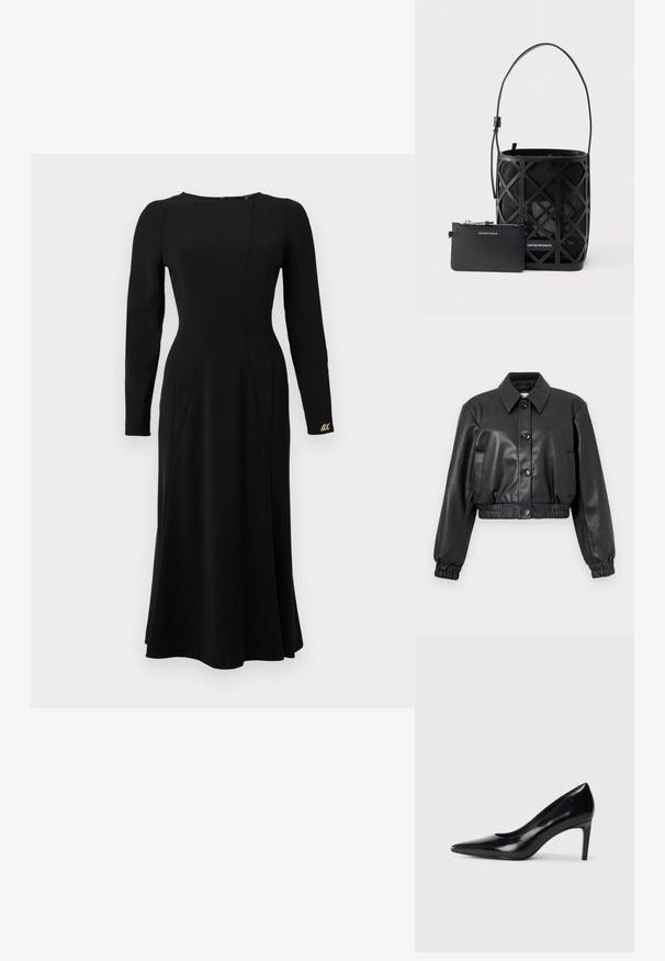 Veste courte en cuir noir avec fermeture à boutons, grand col, poignets et taille élastiqués, présentant une texture lisse et un design minimaliste.; Robe longue noire ajustée avec manches longues, encolure ronde, détails subtils de couture et petite broderie « hache » sur le poignet gauche.; Chaussure à talon haut en cuir noir avec un bout pointu, texture lisse et un talon effilé. Design minimaliste, sans embellissements supplémentaires.; Sac à main noir de style seau avec un design géométrique découpé et une petite pochette zippée assortie, tous deux de la marque Emporio Armani.