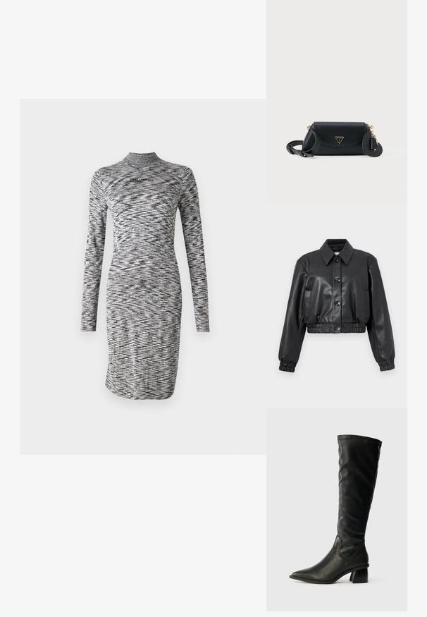 Sort cropped læderjakke med knappelukning foran, stor krave, elastiske manchetter og talje, med en glat tekstur og minimalistisk design.; Langærmet kjole i et sort og gråt bølgemønster, med en høj halsudskæring og en tætsiddende silhuet. Glat stof med let glans.; Sorte læderknæhøje støvler med spids tå, struktureret overdel og en kraftig blokhæl. Har elastiske sider for nem påtagning.; Sort læder Guess crossbody taske med guld logo, justerbar strop og vedhæftet hjerteformet charme på hvid baggrund.