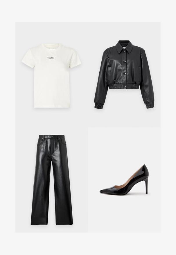 Schwarze cropped Lederjacke mit Knopfleiste, großem Kragen, elastischen Bündchen und Taillenbund, mit glatter Textur und minimalistischem Design.; Weiße Baumwoll-T-Shirt mit kurzen Ärmeln, Rundhalsausschnitt und einem rechteckigen schwarzen Drucklabel auf der Vorderseite, das Zahlen und Symbole zeigt.; Schwarze, weit geschnittene Kunstlederhose mit hoher Taille, vorne mit Knopf- und Reißverschluss sowie vorderen und hinteren Taschen vor hellgrauem Hintergrund.; Schwarzer Lackleder-Pumps mit hohem Absatz, spitzer Schuhspitze und Stilettabsatz, seitlich auf einem schlichten weißen Hintergrund dargestellt.