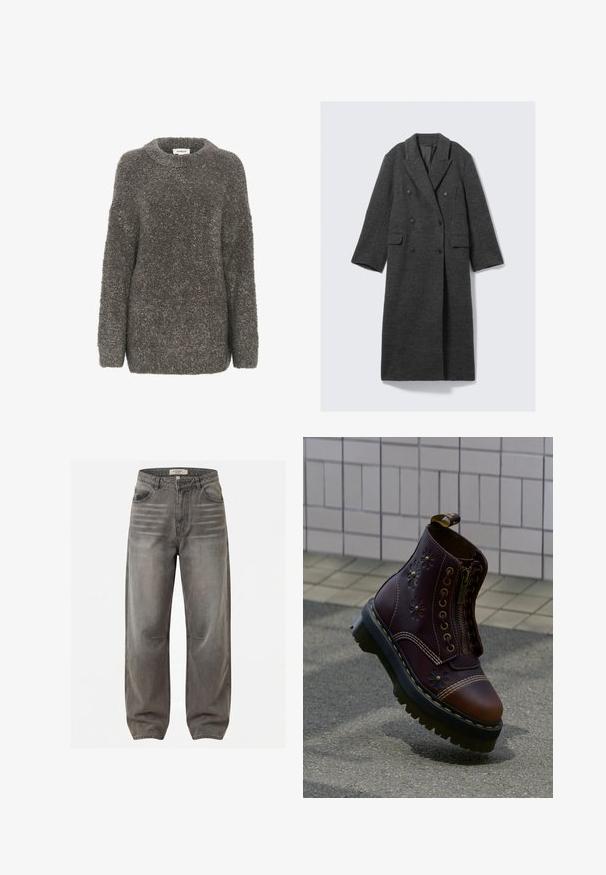 Mørkegrå uldknælængdefrakke med dobbeltradet fortil, brede revers, to frontlommer og en glat foring indeni.; Grå, tekstureret sweater med rund halsudskæring, lange ærmer og løs pasform. Lavet af et blødt, fnugget materiale, der har et enkelt design.; Grå cowboybukser med høj talje, falmet detaljering, frontknap og lynlås, bæltestropper og lige, vide ben.; Mørkebrune læderstøvler med blomstret prægning, frontlynlås, tyk sort sål med gul syning, svævende over tekstureret fortov nær flisebelagt væg.
