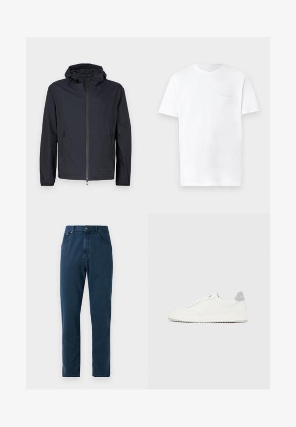 Veste noire légère avec une finition texturée, une fermeture éclair intégrale à l'avant, une capuche ajustable avec cordon et des poches latérales zippées.; T-shirt en coton blanc à manches courtes, encolure ronde, présentant un imprimé logo gris subtil sur la zone gauche de la poitrine et une texture lisse.; Jean droit bleu marine avec boutons à l'avant, passants de ceinture et coutures visibles sur les poches et les coutures.; Baskets basses blanches avec un onglet de talon gris, des lacets blancs et une semelle texturée, présentées sur un fond uni clair.
