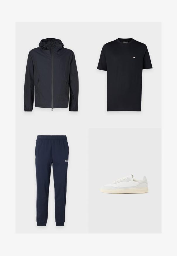 Letvægts sort jakke med tekstureret finish, fuld lynlås foran, justerbar snøre i hætten og lynlåslommer i siden.; Sort bomuld T-shirt med rund hals, korte ærmer og et lille guldlogo på brystet. Glat tekstur, almindelig pasform.; Mørkeblå sweatpants med elastisk talje og manchetter. Har et lille hvidt logo på venstre ben. Fremstillet af et blødt, strækbart materiale.; Hvid sneakers med en øvre del i tekstureret ruskind og læder. Har rundet tå, snørelukning og kontrasterende beige gummisål.
