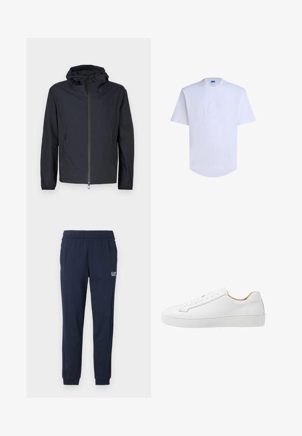 Letvægts sort jakke med tekstureret finish, fuld lynlås foran, justerbar snøre i hætten og lynlåslommer i siden.; Hvid t-shirt med rund hals og korte ærmer. Har et forhøjet logo-design på fronten. Glat bomuldsstof med en buet kant.; Mørkeblå sweatpants med elastisk talje og manchetter. Har et lille hvidt logo på venstre ben. Fremstillet af et blødt, strækbart materiale.; Hvide lædersneakers med en glat overflade, afrundet tå, flad snørebåndsdesign og en tyk gummisål med et struktureret grebmønster.