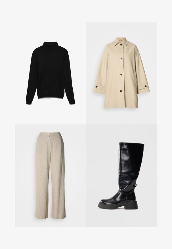 Beige trenchcoat lavet af let stof med krave, fem knapper foran og to sidelommer samt manchetter med knapper.; Sort rullekrave-trøje lavet af strikket stof. Har lange ærmer, ribbet krave og en afslappet pasform. Ingen synlige mønstre eller detaljer.; Lysebeige bukser med vidde i benene lavet af et textured stof. Har høj talje, forreste læg og lige kanter.; Knæ-høje sorte læderstøvler med en skinnende finish, rund tå, chunky platform hæl og dekorativt bagstykke.