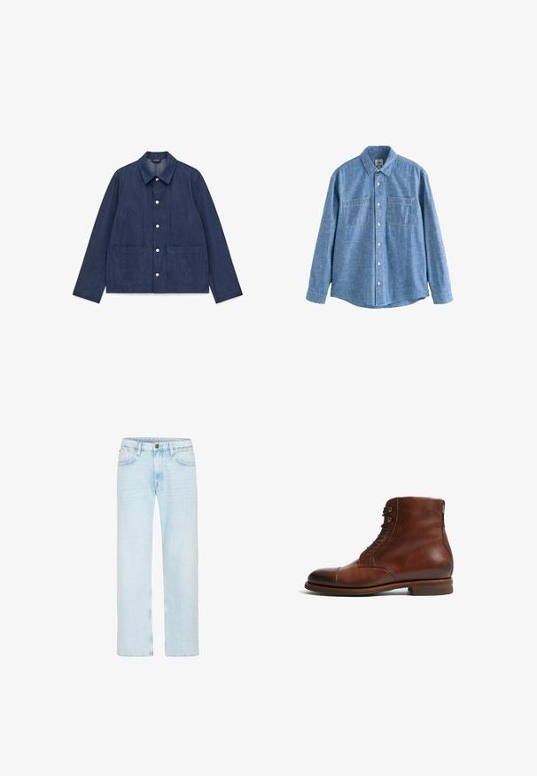 Chaqueta de mezclilla azul oscuro con cuello con solapa, dos bolsillos delanteros, cierre de botones a presión y un ajuste relajado con mangas largas.; Camisa azul de chambray de manga larga con botones al frente y dos bolsillos en el pecho, desplegada sobre un fondo blanco.; Vaqueros azul claro de pierna recta con botón y cremallera delanteros, trabillas para cinturón y bolsillos delanteros sobre un fondo blanco.; Botas de tobillo de cuero marrón con punta redondeada, 6 ojetes y un acabado de textura suave. Presentan un tacón bajo apilado y costuras en contraste.
