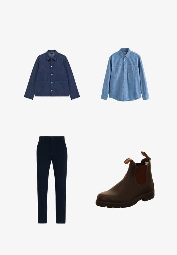 Chaqueta de mezclilla azul oscuro con cuello con solapa, dos bolsillos delanteros, cierre de botones a presión y un ajuste relajado con mangas largas.; Camisa azul de chambray de manga larga con botones al frente y dos bolsillos en el pecho, desplegada sobre un fondo blanco.; Chinos azul marino hechos de una tela suave y duradera. Presentan un cierre de botón, lazos para cinturón y un diseño de pierna recta. Sin patrones visibles.; Botín de piel marrón hasta el tobillo con paneles laterales elásticos, tiradores y suela de goma texturizada. Acabado suave con detalles de costura en contraste.