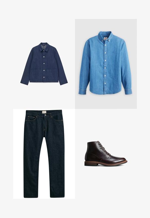 Veste en denim bleu foncé avec col, deux poches avant, fermeture à boutons-pression et coupe décontractée avec manches longues.; Chemise en denim bleu clair à manches longues, col boutonné et boutons blancs. Dispose d'un petit logo brodé sur la poitrine.; Jeans en denim bleu foncé avec une coupe droite, un design à cinq poches et des coutures contrastées. Texture du tissu lisse.; Bottine en cuir brun foncé avec bout rond, fermeture à lacets sur le devant et talon empilé sur un fond blanc.