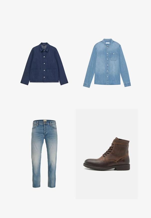 Donkerblauwe spijkerjas met een kraag, twee zakken aan de voorkant, drukknopen en een losse pasvorm met lange mouwen.; Lichtblauw denim overhemd met knopen, lange mouwen, spitse kraag, één borstzak en subtiele vervaging op de stof.; Lichtblauwe vervaagde straight-leg jeans met vijf zakken en een knoopsluiting, weergegeven met de voorkant naar voren op een witte achtergrond.; Jack & Jones JFWDELANEY BOOT - Veterboots - cognac