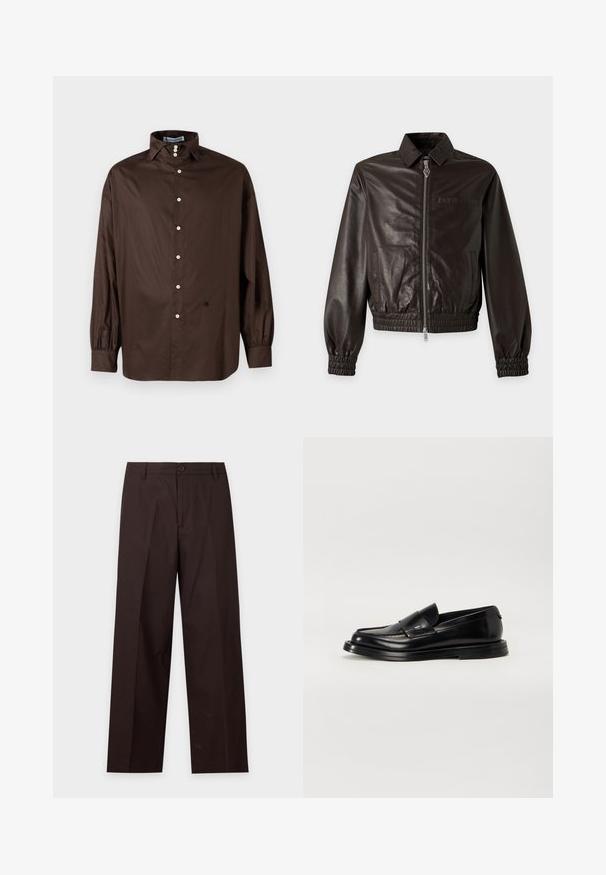 Veste en cuir marron foncé avec fermeture éclair devant, col à revers, poignets élastiques et poches des deux côtés et sur la poitrine sur fond uni.; Chemise longue à manches marron en tissu lisse avec un col classique, fermeture à boutons sur le devant et poignets élastiqués ; présente un détail logo subtil.; Pantalon droit marron foncé avec passants de ceinture, fermeture par bouton et pli sur le devant, présenté sur fond blanc.; The Antipode COLLEGE - Mocassins - black