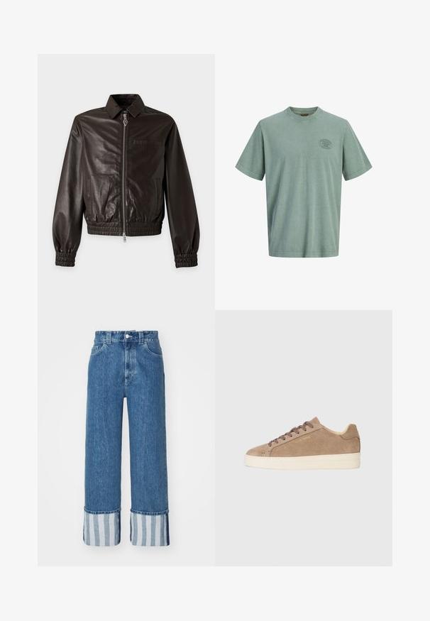 Donkerbruine leren jas met rits aan de voorkant, kraag, elastische manchetten en zakken aan beide zijden en op de borst tegen een effen achtergrond.; Lichtgroen T-shirt met korte mouwen, een klein ovaal Jack & Jones Premium-logo op de linkerborst, effen voorkant, ronde hals.; Brede denimbroek in medium blauw, met een zoom met blauw-witte verticale strepen. Klassiek vijf-pocket ontwerp met een knoopsluiting.; Beige suède sneaker met een ronde neus, crèmekleurige rubberen zool en bruine veters. Beschikt over een reliëf merklogo aan de zijkant en textielmateriaal.