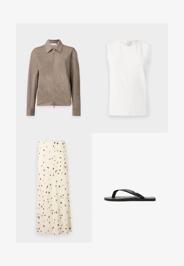 Brun langærmet lynlåsjakke med krave, lige kant og manchetter på ensfarvet baggrund.; Hvid ærmeløs top med rund hals og Calvin Klein-mærkat på bagsiden af kraven, vist på en ensartet lys baggrund.; Lang cremefarvet nederdel med spredte brune uregelmæssige pletter, ankel-lang og lige snit.; Sort flip-flop sandal med flad sål, tekstureret sort indersål, glatte stropper og en lille gul accent nær tåposten.
