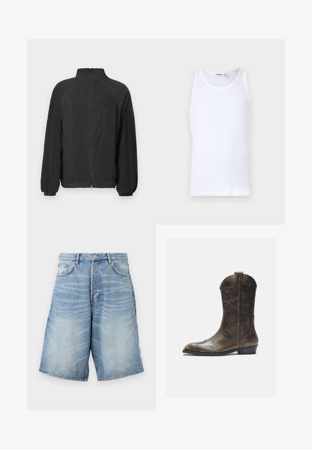 Zwarte ritsjack met hoge kraag, ribbels op de manchetten en een gestructureerde stof. Bevat een reliëflogo op de borst. Lichtgewicht ontwerp.; Witte katoenen tanktop met ronde hals en brede banden. Gladde textuur, geen patronen, schoon ontwerp en een merklabel op de halslijn.; Lichtblauwe denim shorts met een vervaagde wassing. Beschikt over een knoopsluiting, riemlussen en twee voorzakken.; Bruine leren cowboylaars met een hoge schacht, spitse neus, ingewikkelde stikpatronen en een kleine hak. Gevarieerde afwerking overal.