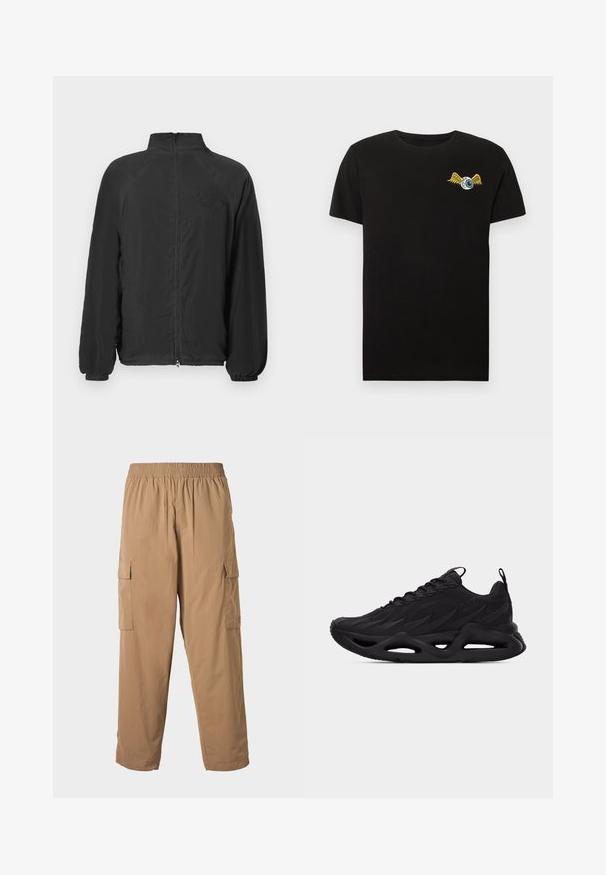 Schwarze Zip-Jacke mit hohem Kragen, gerippten Bündchen und strukturierter Stoffqualität. Verfügt über ein geprägtes Logo auf der Brust. Leichtes Design.; Schwarzes T-Shirt mit kurzen Ärmeln, rundem Halsausschnitt und kleinem Design eines blauen Augapfels mit gelben Flügeln auf der linken oberen Brust.; Beige Cargo-Hosen mit einem elastischen Bund, die mehrere Seitentaschen und eine leichte, glatte Textur aufweisen. Gerade Beinform.; Schwarzer Sportschuh mit strukturiertem Obermaterial, Schnürdesign, Zuglaschen an Zunge und Ferse sowie geformter Sohle mit Ausschnitt-Details.