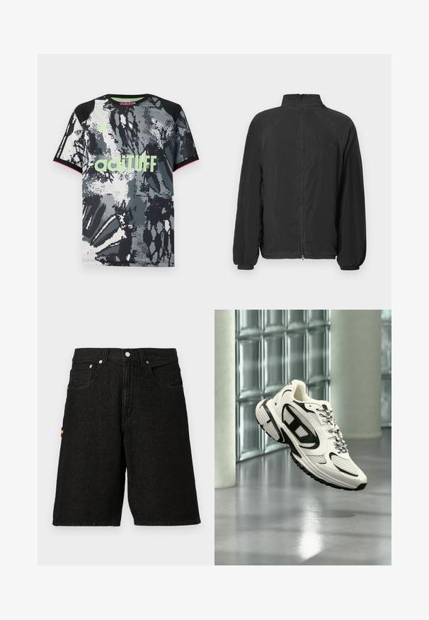 Schwarze Zip-Jacke mit hohem Kragen, gerippten Bündchen und strukturierter Stoffqualität. Verfügt über ein geprägtes Logo auf der Brust. Leichtes Design.; Kurzärmliges Sportshirt mit Rundhalsausschnitt in einem schwarzen, weißen und grauen abstrakten Muster; ausgestattet mit einem neonpinken "adiTUFF"-Logo und pinken Akzenten.; Schwarze Denim-Shorts mit einem klassischen Fünf-Taschen-Design, silbernem Metallzubehör und einem dezenten orangen Akzent an der Seitentasche.; Weißer und schwarzer Sportschuh mit Mesh-Details und gemusterten Schnürsenkeln, schwebt mitten in der Luft in einem modernen Innenraum mit Glasbausteinen.