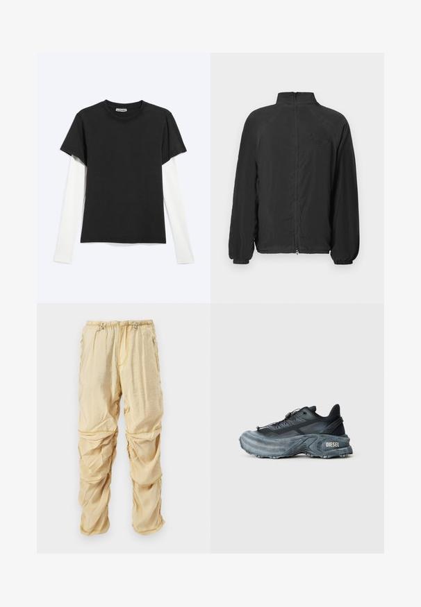 Veste noire zippée avec un col haut, des poignets côtelés et un tissu texturé. Présente un logo en relief sur la poitrine. Design léger.; T-shirt noir à manches courtes superposé à une chemise blanche à manches longues, vue en plat sur un fond gris clair avec l'étiquette WEEKDAY visible à l'intérieur du col.; Pantalons cargo en nylon beige clair avec cordons de serrage réglables à la taille et poches zippées, conçus avec des détails en tissu froncé et superposé.; Baskets Diesel noires et grises avec semelle épaisse, système de laçage à bascule et design texturé sur fond gris clair uni.