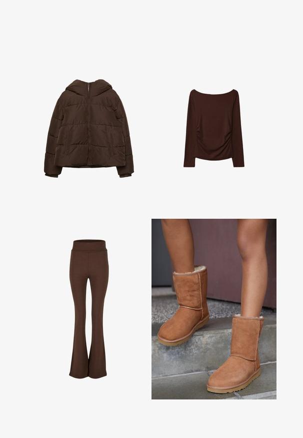 Doudoune marron avec capuche, dotée d'une fermeture éclair à l'avant, de deux poches avant et d'un design matelassé pour plus de texture.; Haut marron à manches longues avec un large col et des détails froncés sur les côtés, fabriqué à partir d'un matériau doux et extensible.; Pantalon évasé brun en tissu doux et extensible ; il présente une taille haute et une texture lisse sans motifs ni accents visibles.; Bottines en suede marron, à bout rond, avec une doublure douce et une semelle en caoutchouc, présentant des détails de couture visibles le long des coutures.