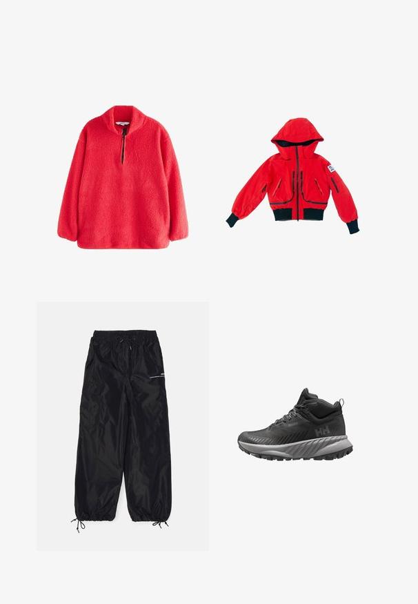 Veste imperméable rouge avec capuche, dotée de zips noirs, poignets élastiques et plusieurs poches zippées. Design court avec texture douce.; Pull en polaire rouge avec un col montant et une fermeture éclair mi-longue, présentant une surface douce et texturée. Manches longues avec une coupe décontractée.; Pantalons cargo noirs en nylon brillant avec une taille élastique, cordon de serrage réglable, poches latérales et poignets élastiques.; Chaussure de randonnée noire imperméable à tige mi-haute avec semelle texturée, col de cheville rembourré et logo "HH" sur le côté.