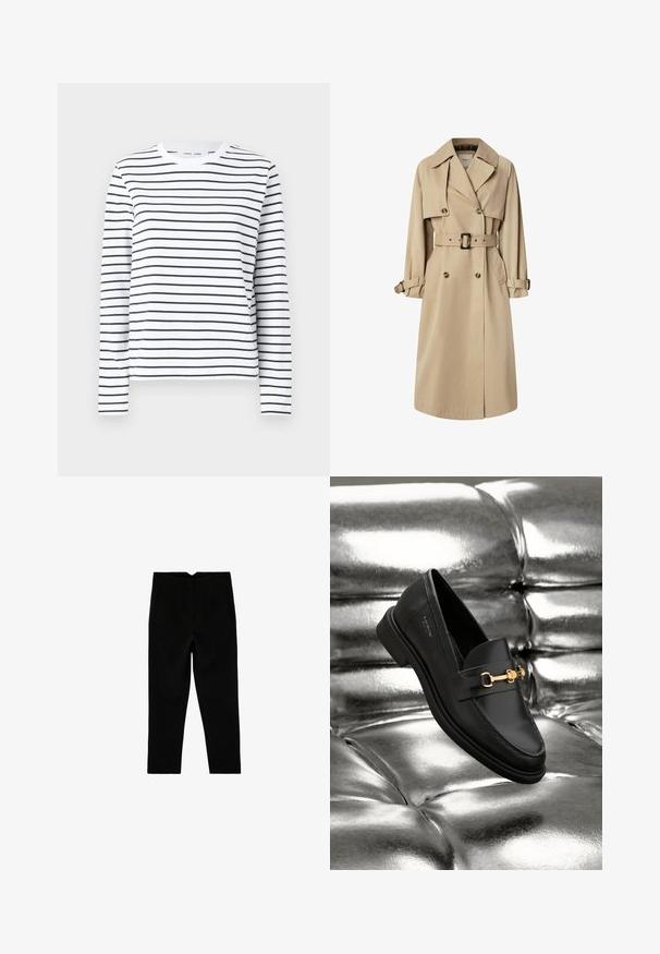 Beige trenchcoat i bomuldsblanding; dobbeltbrystet design med store knapper, bælte i taljen og klaplommer; har en ternet foring.; Langærmet skjorte i hvid bomuld med sorte horisontale striber. Har en rund halsudskæring og en afslappet pasform. Ingen bemærkelsesværdige accenter eller mønstre.; Sorte skræddersyede ankelkorte bukser med sidelommer og let tilspidset ben, vist fladt på en hvid baggrund.; Sorte læder loafers med en guldfarvet hardware detalje. Skoen har et elegant design og en glat, skinnende overflade.