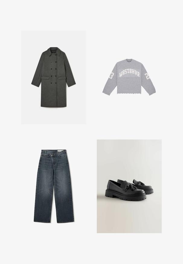 Dobbeltbrystet gråt uldfrakke med klassisk krave, to forlommer og sorte knapper. Glat tekstur, knælangt design.; Grå cropped sweater med ribbet tekstur, der har "WRSTBHVR" tekst og tallene "2" og "3" i hvid på ærmerne og brystet. Flosset kant.; Mørk vaskede denim jeans med en bred benudskæring, der har høj talje, fem lommer og diskrete slidser på forsiden.; Sorte læder loafers med en struktureret overflade, der har en frynsedetalje og en kraftig gummisål med groft mønster.