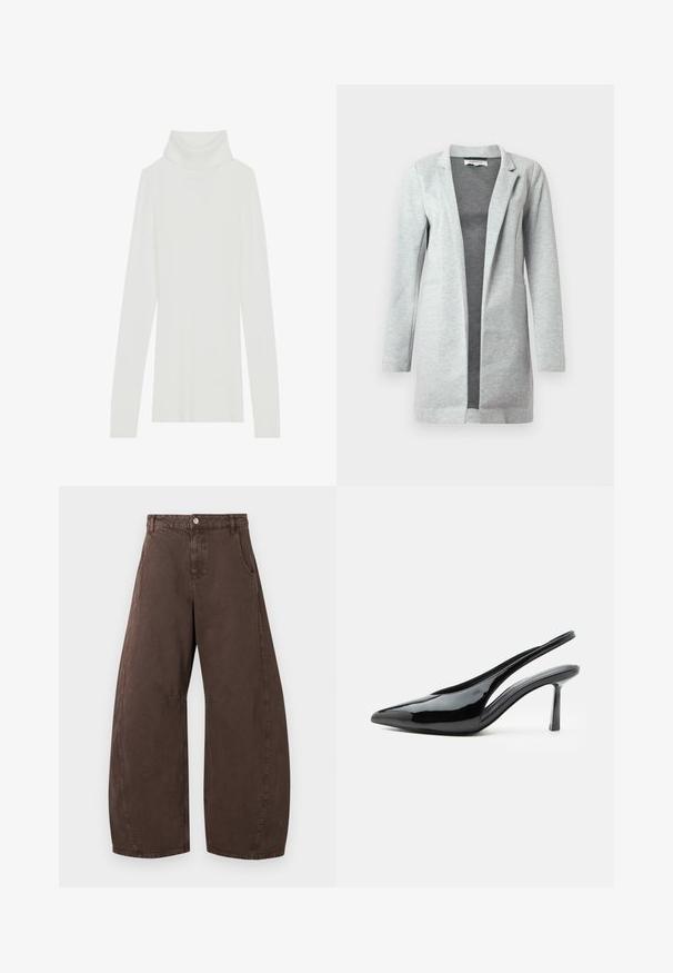 Blazer gris claro hecho de tela suave y texturizada. Presenta un diseño ajustado, delantero abierto y dos bolsillos laterales. Estilo minimalista sin cierres.; Suéter de cuello alto de canalé blanco con mangas largas, textura suave y un alto cuello enrollado, presentando un diseño ajustado y sin cierres visibles.; Pantalones marrones anchos de pierna con cintura alta, cierre frontal con botón y cremallera, y bolsillos laterales, exhibidos planos sobre fondo blanco.; Zapato de tacón alto tipo slingback de charol negro con punta puntiaguda y tacón stilettos delgado sobre fondo blanco.