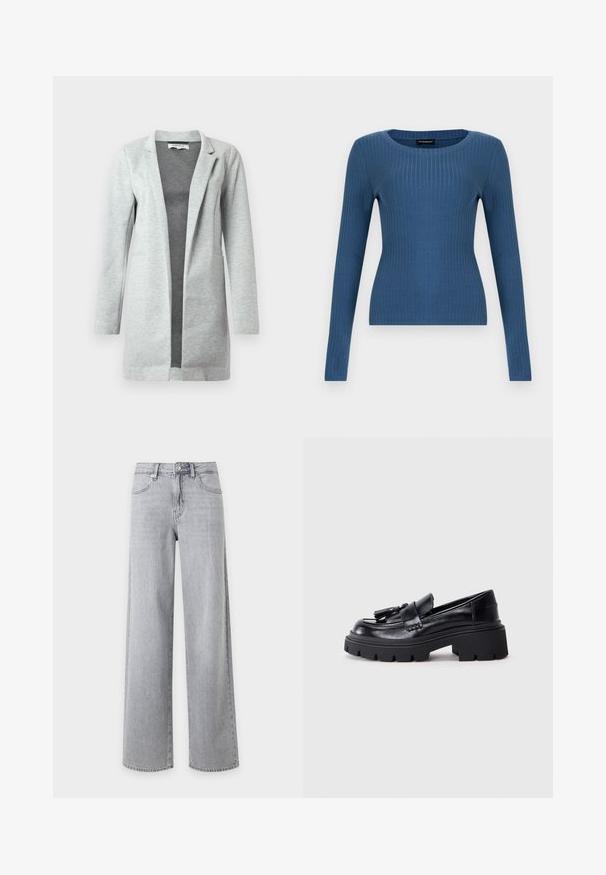 Lysegrå blazer lavet af blødt, tekstureret stof. Har en tætsiddende pasform, åben front og to sidelommer. Minimalistisk stil uden lukninger.; Blå ribbet langærmet tætsiddende top med rund halsudskæring på en ensfarvet hvid baggrund.; Lysegrå vid jeans med frontknap, lynlås og forlommer på hvid baggrund.; Sorte læder loafers med en klumpet, bølget sål, der har en dekorativ kvast på forsiden og en glat, blank overflade.