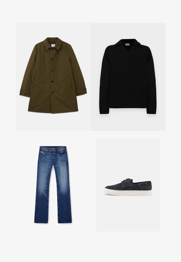 Manteau vert olive avec un col classique, fermeture à boutons sur le devant, deux poches latérales et poignets ajustables. Tissu doux avec une silhouette structurée.; Pull noir à côtes avec un col en V et un col, muni de manches longues et d'une coupe décontractée, fabriqué dans un matériau tricoté doux.; Jean en denim bleu avec une coupe droite, cinq poches et des coutures ton sur ton. Le tissu a une texture lisse avec une légère décoloration.; Baskets décontractées en daim bleu marine avec semelle en caoutchouc blanche, lacets noirs et œillets en métal, vues de côté droit sur fond uni.