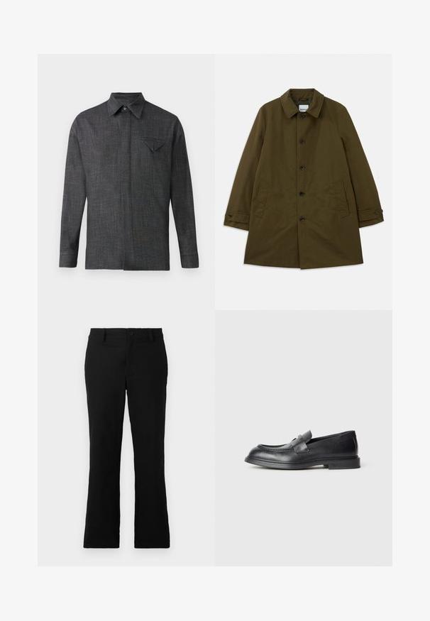 Manteau vert olive avec un col classique, fermeture à boutons sur le devant, deux poches latérales et poignets ajustables. Tissu doux avec une silhouette structurée.; Chemise grise à manches longues en tissu texturé. Elle présente un col pointu et une petite poche sur la poitrine avec un rabat triangulaire.; Pantalons évasés noirs en tissu mélangé coton, dotés d'une fermeture à bouton, de passants de ceinture et d'une texture lisse sans motifs visibles.; Mocassins en cuir noir avec une finition texturée, dotés d'une bride décorative à l'avant et d'un bout arrondi. Semelle en caoutchouc pour plus de durabilité.