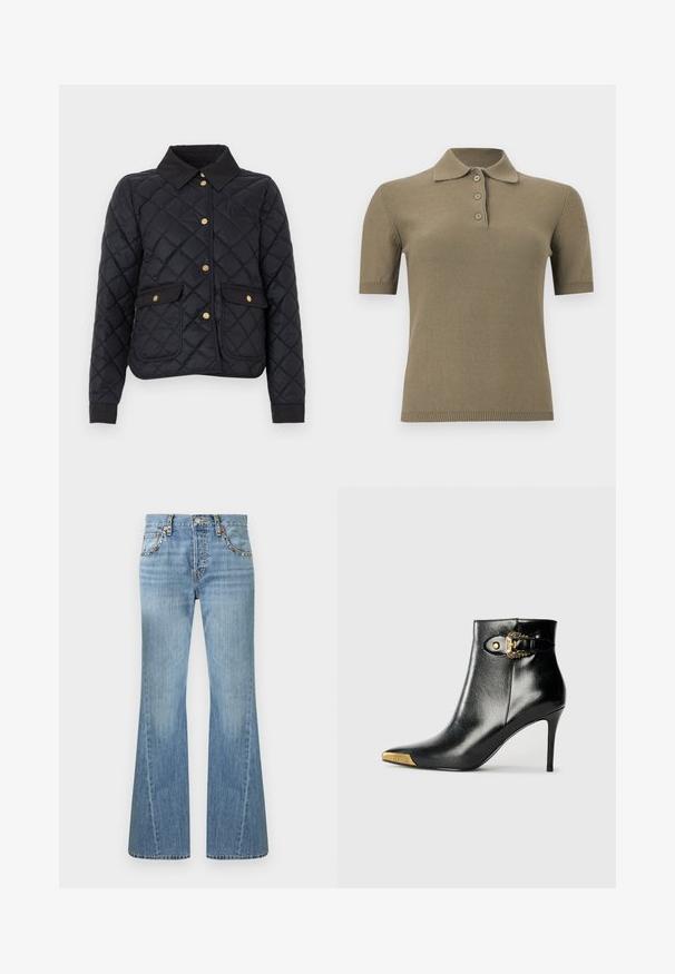 Veste matelassée noire avec col, manches longues, boutons-pression dorés et deux poches à rabat à l'avant sur un fond uni.; Polo en maille vert olive à manches courtes avec col et trois boutons sur un fond blanc uni.; Jean en denim bleu clair avec une taille haute, des jambes évasées et une bordure cloutée le long des poches avant et des passants de ceinture.; Bottine noire en cuir brillant, avec un bout pointu, un talon aiguille, et des accessoires dorés ornés d'une boucle décorative.