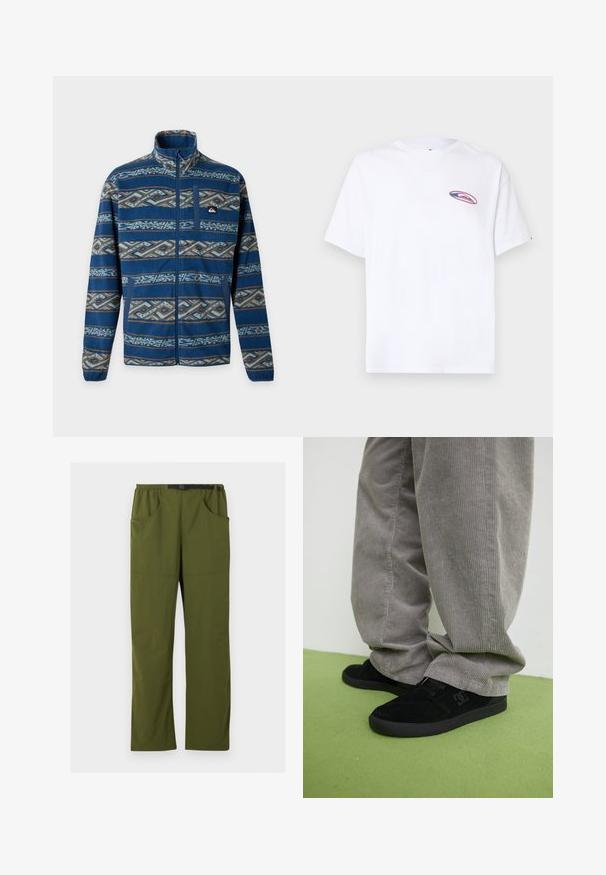 Blaue Fleecejacke mit durchgehendem Reißverschluss, hohem Kragen, geometrisch gemusterten horizontalen Streifen, Brusttasche und elastischen Bündchen.; Weißes T-Shirt mit kurzen Ärmeln und einem kleinen ovalen rosa-blauen Logo auf der linken Brust, vor einem schlichten hellen Hintergrund.; Olivgrüne gerade geschnittene Hose mit elastischem Bund und schwarzem verstellbarem Schnallen-Gürtel, Vorder- und Seitentaschen, Details in der vorderen Naht.; Schwarze Wildleder-Skate-Schuhe mit strukturiertem Finish und einem Logo, kombiniert mit grauen Cordhosen, die eine gerippte Textur aufweisen. Grüner Fußboden.