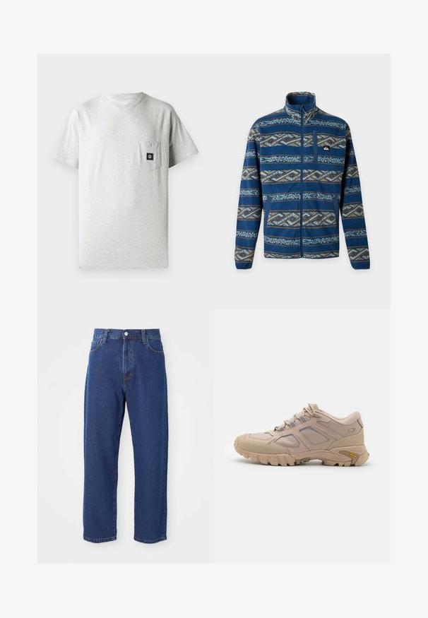Blauwe fleecejas met volledige ritssluiting, hoge kraag, horizontale strepen met geometrisch patroon, borstzak en elastische manchetten.; Heren grijs katoenen t-shirt met een ronde hals, korte mouwen en een borstzak aan de linkerkant met een klein zwart logo-label.; Hoge taille blauwe jeans van denim, met een rechte pijp silhouet, zichtbare stiksels en een sluiting met een voorknoop.; Beige hardloopschoen met een gestructureerde mesh bovenkant, synthetische overlay en een Vibram zool. Voorzien van vetersysteem en details op de zijpanelen.