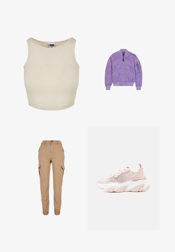 Chaqueta bomber color púrpura lavanda con cremallera frontal, dos bolsillos con botones a presión, puños y dobladillo acanalados, y bolsillo con cremallera en la manga con etiqueta "Remove Before Flight".; Top corto de canalé beige con escote redondo y diseño sin mangas. Presenta una textura lisa y una etiqueta de marca discreta en el interior del cuello.; Pantalones cargo beige con puños elásticos, cierre frontal con botón y cremallera, trabillas para cinturón, bolsillos laterales con solapa y diseño de corte ajustado.; Zapatilla deportiva gruesa en rosa pálido con tejido de malla, patrón floral, lentejuelas, suela blanca gruesa con dibujo rosa y cierre de cordones.