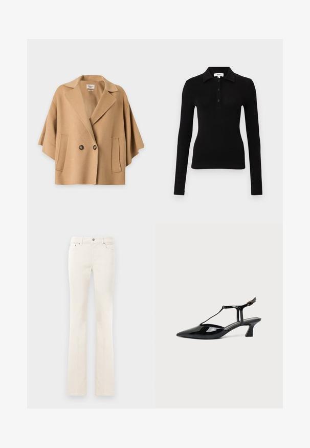 Manteau court en laine couleur camel avec de larges revers, deux boutons foncés et des poches latérales verticales, conçu avec des manches larges et amples.; Polo noir à manches longues en tissu doux, présentant un col à revers, une patte de boutonnage et une coupe ajustée pour une silhouette élancée.; Jean blanc à jambes droites avec bouton avant et poches, présenté sur un fond blanc uni.; Chaussure slingback en cuir verni noir à bout pointu avec bride en T et petit talon bloc incliné sur fond blanc.