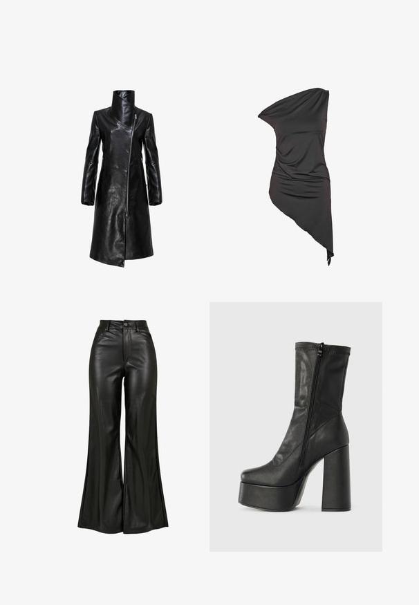 Abrigo de cuero negro con un alto cuello, diseño asimétrico, mangas de largo completo y cierre de cremallera diagonal. Textura suave y ajuste entallado.; Vestido negro asimétrico de un solo hombro con tela drapeada y dobladillo desigual, más largo en un lado.; Pantalones de cuero negro acampanados con una textura suave, que cuentan con una cintura alta, cierre de botón y bolsillos frontales. Diseño de pierna ancha y acabado pulido.; Botín de cuero negro hasta el tobillo con un alto tacón ancho, suela de plataforma y cierre con cremallera lateral. Textura suave con detalle de costura superior.