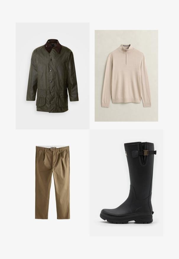 Barbour BEAUFORT - Kurzmantel - archive olive; Beiger Pullover mit langen Ärmeln, einem gerippten hohen Kragen und kurzem Frontreißverschluss auf einfarbigem Hintergrund.; Khaki-Chinos mit geradem Schnitt, ausgestattet mit zwei vorderen Falten, einem Knopfverschluss und Seitentaschen. Hergestellt aus einem glatten Baumwoll-Mix-Stoff.; Barbour TEMPEST TALL WELLY - Gummistiefel - black