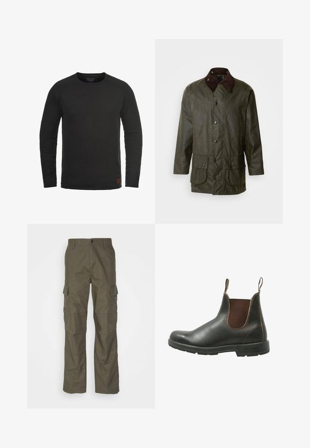 Barbour BEAUFORT - Κοντό παλτό - archive olive; Μαύρη μακριά μπλούζα με γιακά στρογγυλής κοπής, φτιαγμένη από υφασμάτινη υφή, με μικρή καφετιά ετικέτα μάρκας στη δεξιά κάτω πλευρά.; Ελιές cargo παντελόνι με ίσια γραμμή, φτιαγμένο από υφή ύφασμα. Διαθέτει μεγάλα πλάγια τσέπες και κλείσιμο με κουμπί.; Chelsea μποτίνια φτιαγμένα από λείο μαύρο δέρμα με καφέ ελαστικές πλαϊνές πάνελ, αντίθετη ραφή και υφασμάτινη καουτσούκ σόλα.