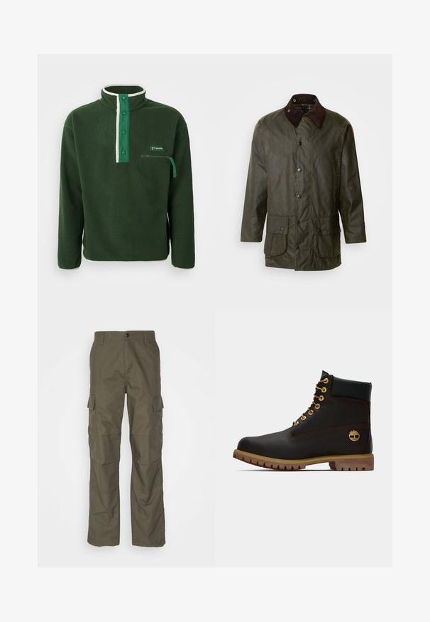 Barbour BEAUFORT - Halflange jas - archive olive; Groene fleece pullover met een hoge kraag, voorzien van een contrasterende witte rits, drukknoopjes en een ritszak op de borst. Gelaagd stof.; Olijfgroene cargobroek met rechte snit, gemaakt van gestructureerde stof. Bevat grote zijzakken en een knoopsluiting.; Zwarte leren enkellaars met gouden oogjes, bruine accenten en een rubberen zool. Heeft een gevoerde kraag en geperst logo aan de zijkant.