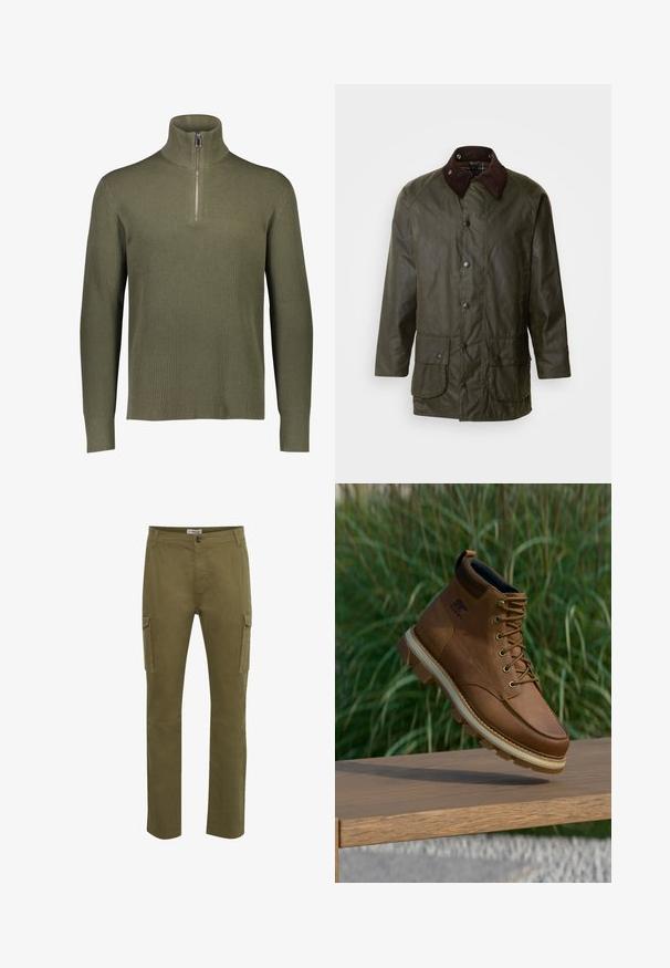 Barbour BEAUFORT - Manteau court - archive olive; Pull en maille côtelée vert olive avec col montant et fermeture à quart de zip. Il présente des manches longues et une finition texturée.; Pantalons cargo verts avec une coupe droite, dotés de deux poches latérales, d'une fermeture à bouton et de détails cousus sur la surface du tissu.; Botte de randonnée Sorel en cuir marron avec une semelle à crampons épaisse flottant au-dessus d'une surface en bois, avec de l'herbe verte en arrière-plan.