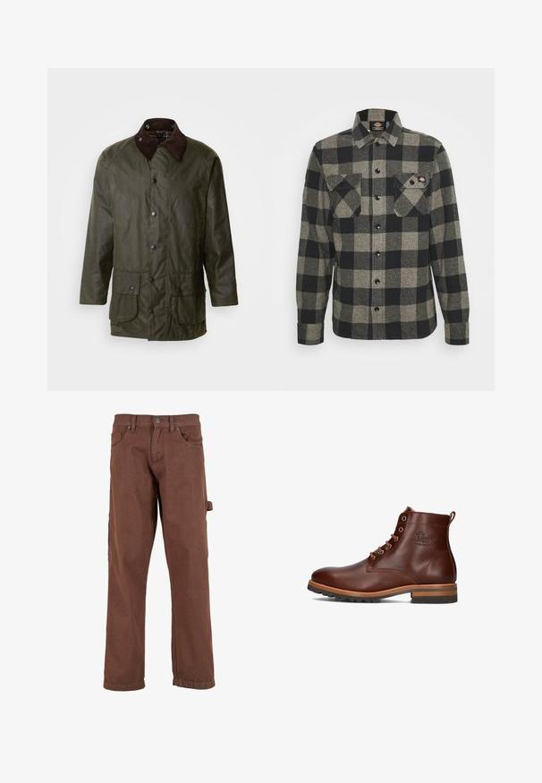 Barbour BEAUFORT - Kurzmantel - archive olive; Schwarzes und graues kariertes Flanellhemd mit langen Ärmeln, Knopfverschluss vorne, zwei Brusttaschen und einem leicht abgerundeten Saum. Strukturiert. ; Braune Cargo-Hose aus robustem Stoff, mit geradem Bein, Fronttaschen und einer Seitentasche mit Klappe.; Braune Leder-Ankle-Boots mit runder Zehenpartie, Schnürdesign, kontrastierendem Absatz und Laufsohle sowie geprägtem Logo an der Seite.