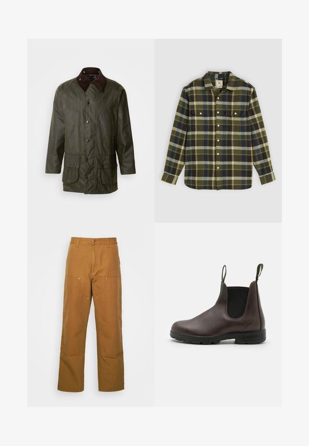 Barbour BEAUFORT - Manteau court - archive olive; Chemise en flanelle à carreaux verts avec manches longues, dotée de deux poches poitrine et de boutons blancs. Le matériau a une texture douce et un design décontracté.; Pantalons utilitaires en coton marron avec une coupe droite, dotés de poches avant et d'accents en métal pour une durabilité accrue.; Bottine Chelsea en cuir marron avec des panneaux élastiques sur les côtés, des anses en haut et une semelle en caoutchouc durable, présentant une finition lisse.